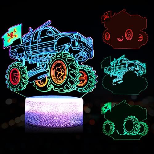Monster Truck Éjszakai Fény+Játék 3D Éjjeli Lámpa，7 színváltó, Távirányítóval Szabályozható Room Decor a Fiúk Gyerekeknek,