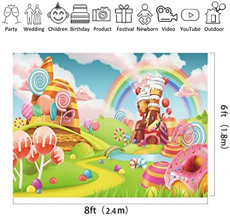 Riyidecor Candyland Lollipop Szivárvány Kastély Fotó Háttér Anyag Poliészter Rajzfilm Gyerekeknek 8x6 Méter Fagyit Felhő