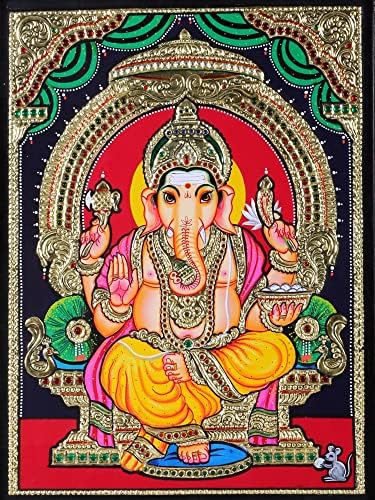 Egzotikus India Ganesha Ül a Trónon Tanjore Festmény | Hagyományos Színek, 24 karátos Arany | Tíkfa Keret | Arany