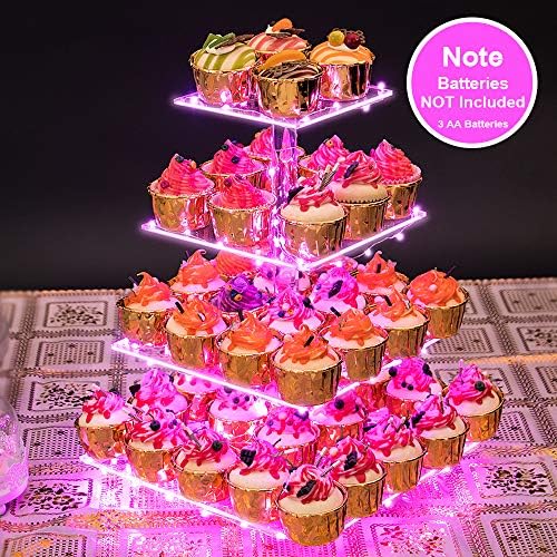 4 Tier Akril Kijelző Cupcake Állni Tészta + LED fényfüzér – Ideális Esküvők, Szülinapi (Rózsaszín Fény)+4 Szint Polc Muffin