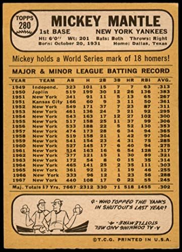 1968 Topps 280 Mickey Mantle New York Yankees (Baseball Kártya) VG Yankees