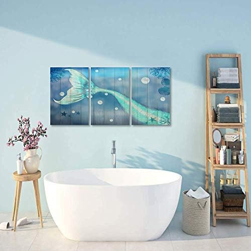 HOMEOART Hableány Fürdőszoba Decor Hableány Festmény Képet Nyomtat, Vászon Korall tengeri Csillag Fa Textúra Háttér Kék Mű