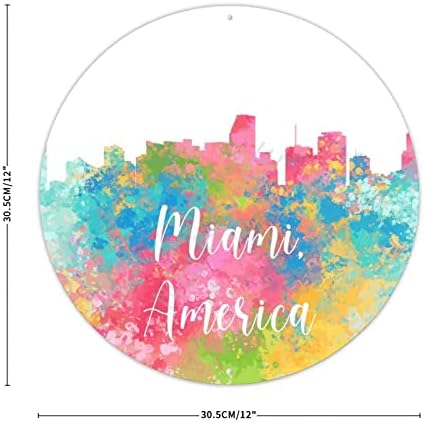 Fém Üdvözlő Táblát a Bejárati Ajtó Város Sziluettje Kerek Fém Adóazonosító Jel Rusztikus Fali Dekor America Miami Akvarell