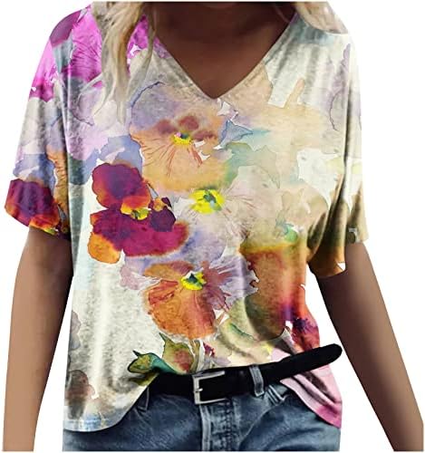 Tshirt Női Rövid Ujjú 2023 Pamut Sleeve Vneck Virágos Grafikus Boldog Ajándék Társalgó Felső Tshirt a Hölgyek 1O