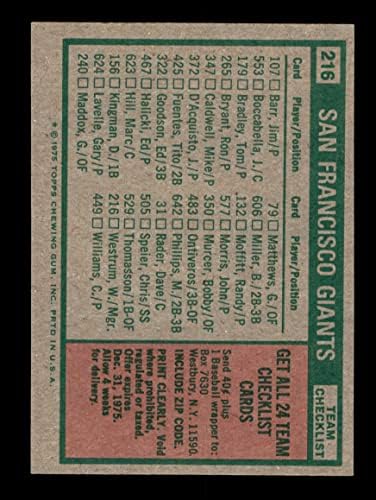 1975 Topps 216 Óriások Csapat Lista Wes Westrum San Francisco Giants (Baseball Kártya) NM/MT Óriások
