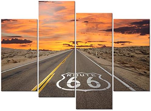 WELMECO Nagy, 4 Darab Vászon Wall Art a 66-os úton Jel Napkelte a Kaliforniai Mojave-Sivatagban Út Táj Képét Nyomtatja Keretes