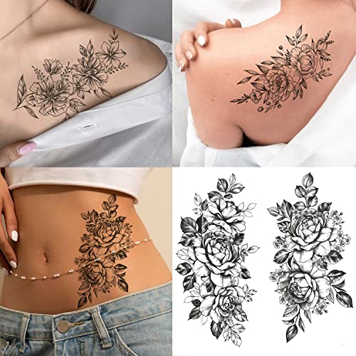 Tazimi 12 Lap 3D Fekete Virág Ideiglenes Tetoválás A Nők, Rózsa, pünkösdi Rózsa Virág Vázlat Tetoválás Matricák Női Body