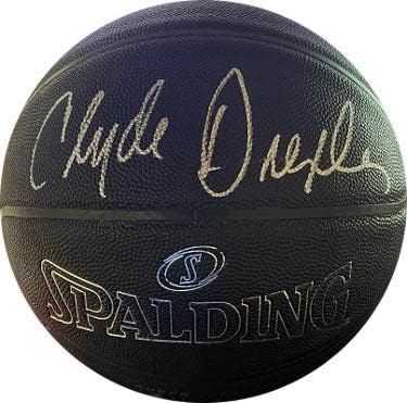 Clyde Drexler aláírt Spalding Fekete Super Tack Pro NBA Kompozit Bőr Kosárlabda - SZÖVETSÉG Tanúja (Trail Blazers & Rakéták)