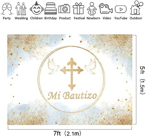 Riyidecor Mi Bautizo Hátteret Poliészter Szövet Mexikói Keresztség Isten Áldja Első Akvarell Kék Arany Glitter 7Wx5H Méter