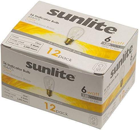 Sunlite 6S6/CL/C/12PK Izzó 6 Wattos, Gyertyatartót Alapú, S6 Jelző Izzó, Tiszta, 12-es Csomag