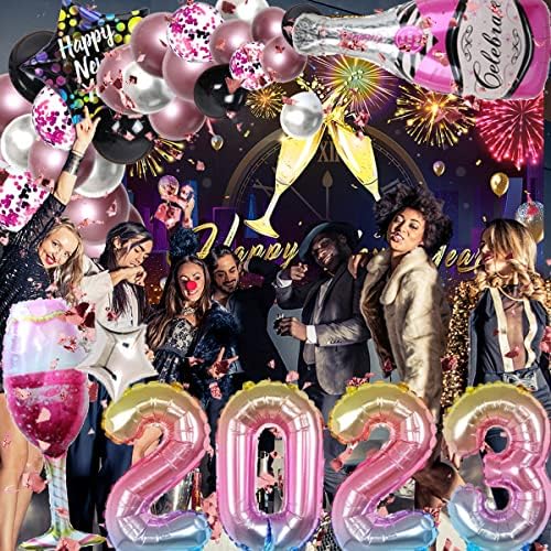 Boldog Új Évet Dekoráció 2023-szilveszteri Party Kellékek Boldog Új Évet Hátteret, Fekete, Rózsaszín Lufi Pezsgős Garland