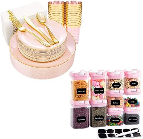 BBG 210 Db Rózsaszín Műanyag Lemezek, Arany, Műanyag Evőeszköz Szett, Légmentes Élelmiszer-Tároló Tartály Easy Lock Fedeleket